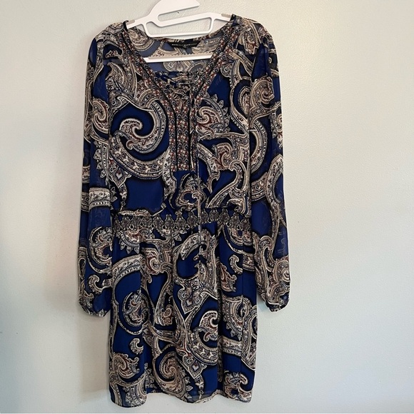 WHBM Womens Parsley Long Sleeve Midi Dress Flowy Sz 10 Waistband Lined - Picture 1 of 12